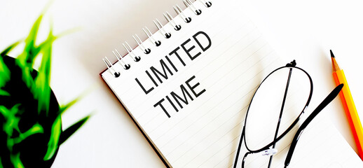 Poster - Notebook with glasses and pencil on white background, business concept LIMITED TIME