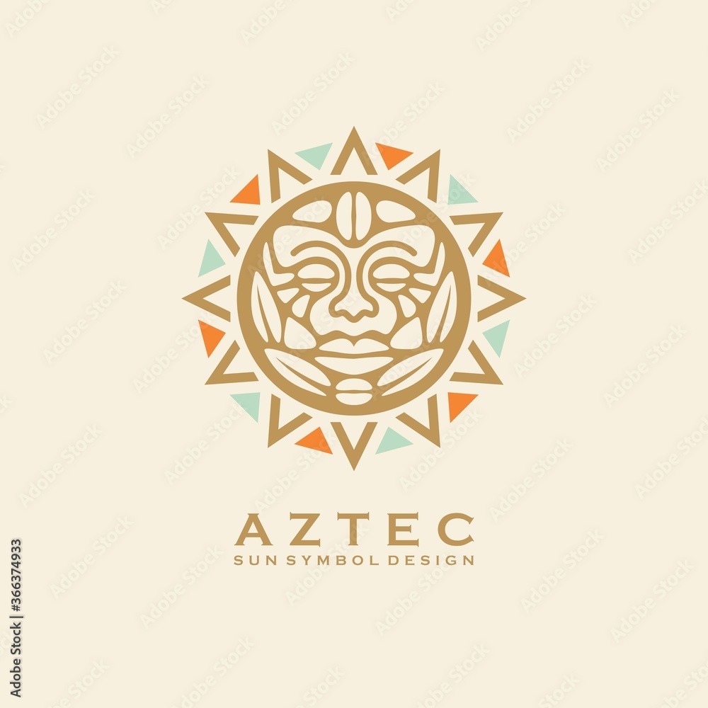 Aztec tribal sun symbol with human face. Vector logo or tattoo design with Mayan civilization sign. Vintage ornament.  - obrazy, fototapety, plakaty 
