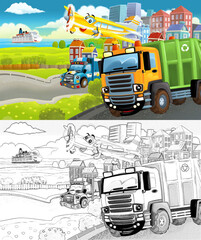 Wall Mural - cartoon scene with sketch of the middle of a city with car driving by - illustration