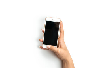 Cell phone isolated. Cellphone with space for text. Woman holding smartphone in female hand with empty blank screen isolated on white background. Learning online concept.