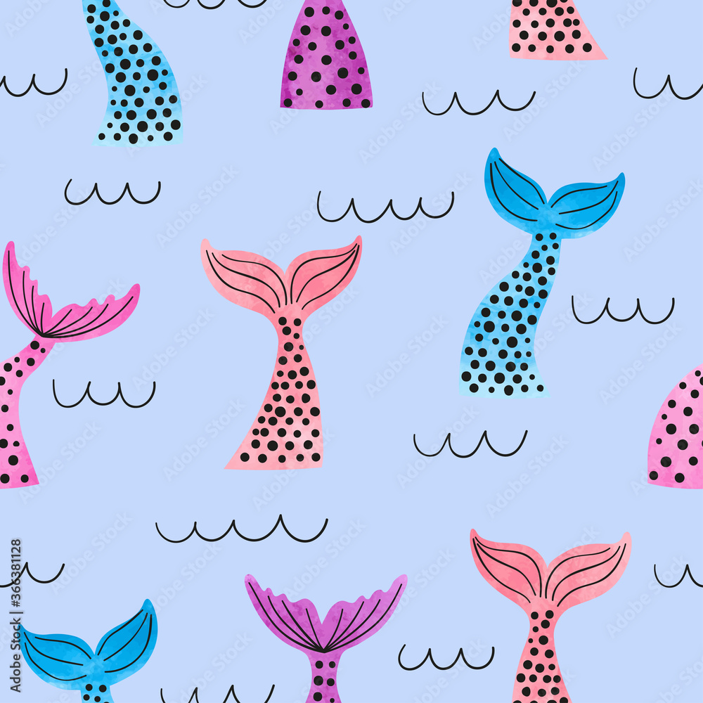 Seamless colorful watercolor mermaid tails pattern. Textile, fabric design.	 - obrazy, fototapety, plakaty 