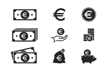 Euro Banknotes, Coins And Money Icons. Financial Infographic Elements And Symbols For Web Design