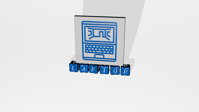 3D illustration of laptop graphics and text made by metallic dice letters for the related meanings of the concept and presentations. computer and business