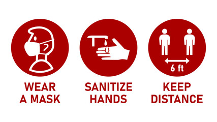 Poster - Round Instruction Signs with Basic Set of Measures against the Spread of Coronavirus Covid-19 including Wear a Mask, Sanitize Hands and Keep Distance 6 ft or 6 Feet. Vector Image.
