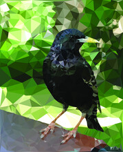 Abstract Low Poly Starling Bird Character Black On Branch On Green Background. Triangle Irregular Polygon Geometric Crystal Origami Multicolored Pattern. Vector Illustration