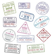 Stamps Of USA, Passport Travel Visas Of US Airport, Vector Icons, International Departure And Arrival. America Airport Passport Travel Stamps Of New York, Boston, Orlando, Philadelphia And Pittsburgh