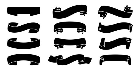 Wall Mural - ribbon silhouette banners set. decorative icons, pictograms glyph style tape black shape collection.