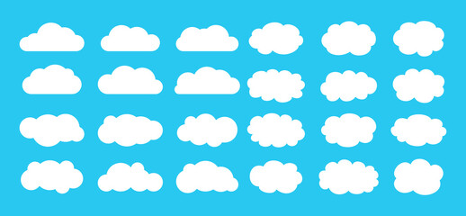Wall Mural - Cloud set flat cartoon style. Abstract white cloudy collection. Label, symbol, shape different clouds sky. Nature weather elements. Isolated on blue background vector illustration