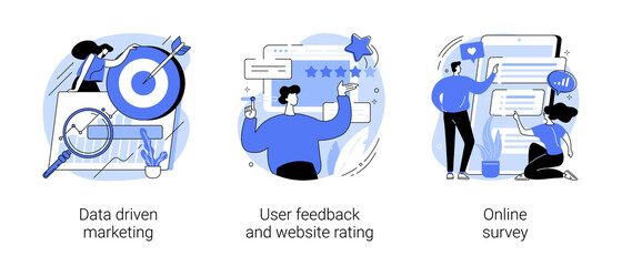 Sticker - Customer behavior analysis abstract concept vector illustration set. Data driven marketing, user feedback and website rating, online survey, user data, marketing research tool abstract metaphor.