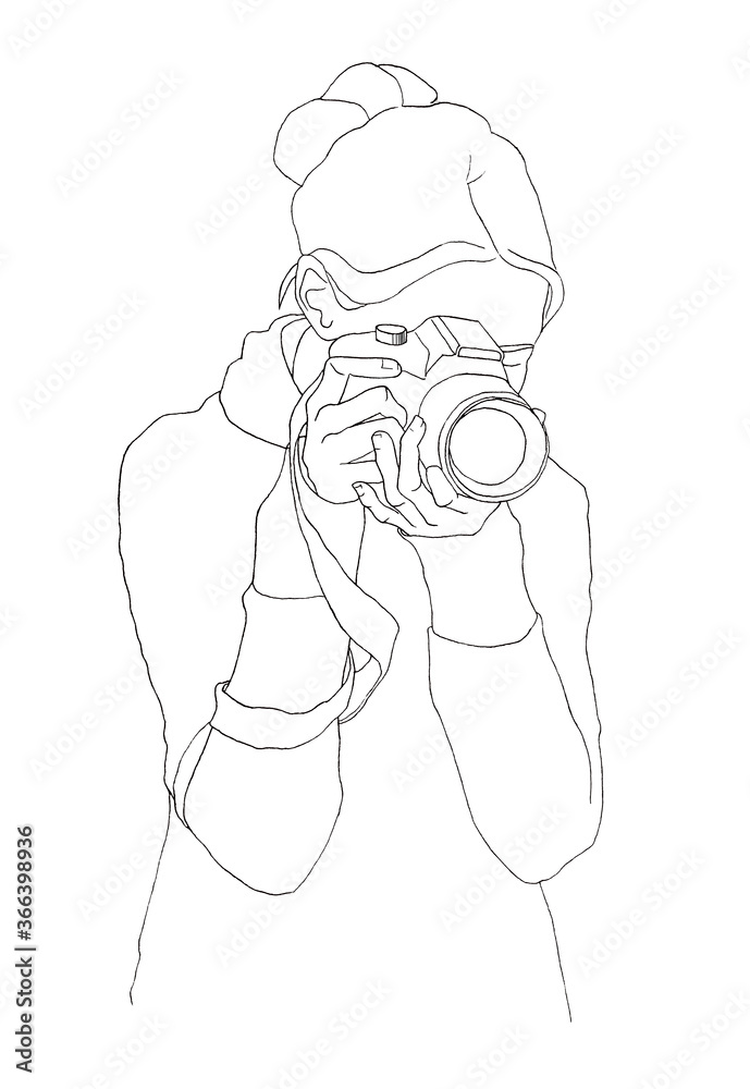 Art line girl with a photo camera. Hand-drawn woman photographer ...