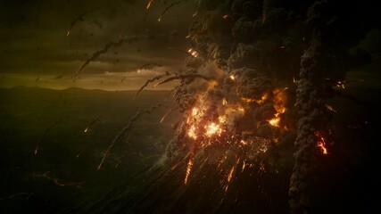 Closeup of spectacular volcanic eruption and explosion, thick smoke billowing, lava boulders thrown from the gray cloud, wide-angle lens