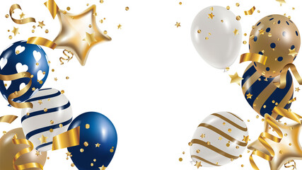 Luxury Gold foil balloons with confetti and Festive ribbon in white background.  3d realistic vector illustration for anniversary, birthday, sale and promotion,  party design element.