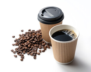 A paper cup of coffee and coffee beans