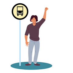 Sticker - man cartoon at the bus stop vector design