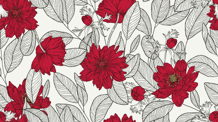 Floral seamless pattern, eucalyptus leaves and anemone flowers line art ink drawing in red and dark grey