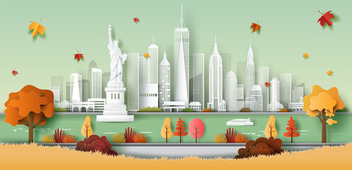 Paper art style of the Statue of Liberty, New York USA city skyline, beautiful landscape autumn background, travel, and tourism concept.