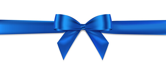 Wall Mural - Blue bow realistic shiny satin and ribbon horizontal line with shadow vector EPS10 isolated on white background.