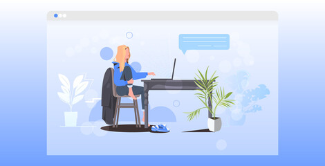 Poster - woman using laptop remote work quarantine isolation chat bubble social network communication concept