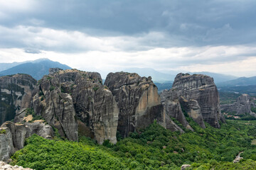 Meteora, Greece with the beautiful rocks under a cloudy day