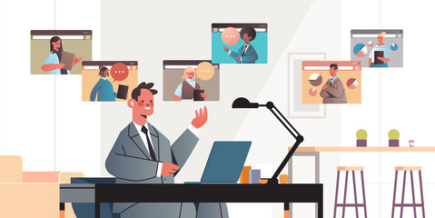 Poster - businessman chatting with mix race colleagues during video call business people having online confer