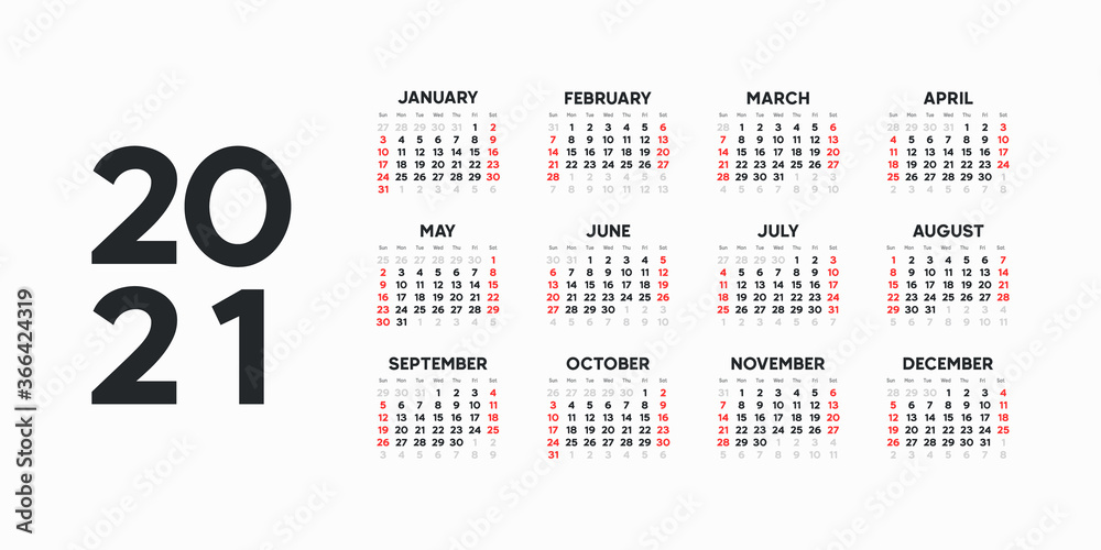 Landscape Calendar template. 2021 yearly calendar. 12 months yearly calendar set in 2021. Week starts from Sunday. - obrazy, fototapety, plakaty 