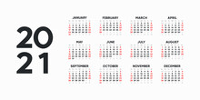 Landscape Calendar Template. 2021 Yearly Calendar. 12 Months Yearly Calendar Set In 2021. Week Starts From Sunday.