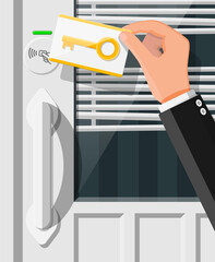 Poster - Wireless key card in human hand with guest room door handle sensor. Concept of access identification. Access control machine. Proximity card reader. Vector illustration in flat style