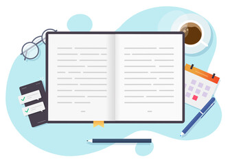 Poster - Reading paper book vector top view on table desk or learning and study open textbook above workplace desktop flat cartoon, education concept or writing modern trendy design