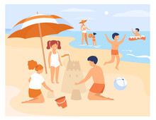 Happy Children Playing On Sea Shore Sand Beach Isolated Flat Vector Illustration. Cartoon Kids Sunbathing, Swimming, Building Sand Castle. Summer Activity And Childhood Concept