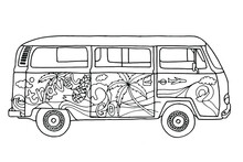 Bus For Travel Coloring Page. Hand-drawn Coloring Book For Children And Adults. Beautiful Drawings With Patterns And Small Details. See More Coloring Pages In The Collections. Vector