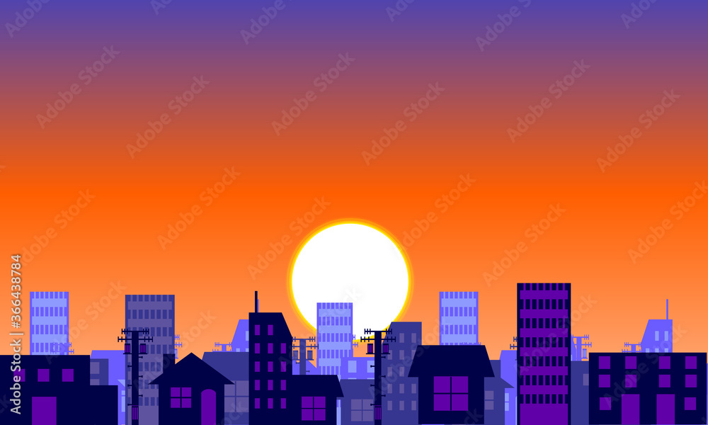シンプルでアニメ風なベクターの街なかの背景イラスト 夕焼け 早朝 夕焼け お昼 夜景 深夜バージョンの 時間帯が違う５点を販売しております ベクター版は 太陽 月 星の位置や 手前 中 奥のビルの有無など ご購入者様で操作しやすいように意識して制作して