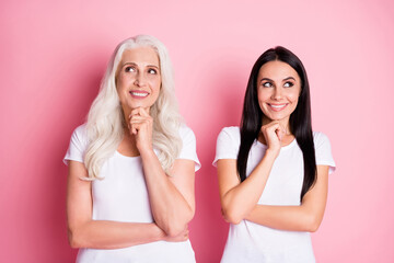 Poster - Portrait of two nice-looking attractive lovely charming pretty foxy funny cheerful cheery women business businesswoman creating new idea isolated over pink pastel color background