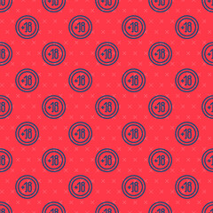 Blue line Alcohol 18 plus icon isolated seamless pattern on red background. Prohibiting alcohol beverages. Vector Illustration.