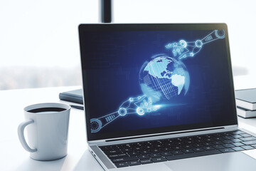 Aufkleber - Creative abstract robotics technology sketch with globe on modern laptop monitor, future technology and AI concept. 3D Rendering