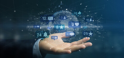 Poster - businessman holding social network notifications - 3d rendering
