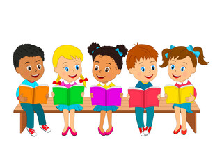 Wall Mural - kids,boys and girls read books sit on the bench, illustration, vector