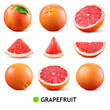 Grapefruit isolated. Pink grapefruit with leaf. Grapefruit whole, slice, half on white. Grapefruit set isolate. Full depth of field.