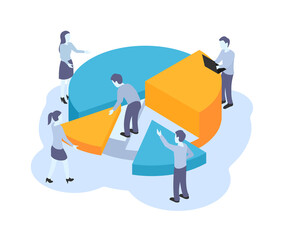 Poster - management and data analyzing teamwork concept - group of people perform diagram analysis - isometri