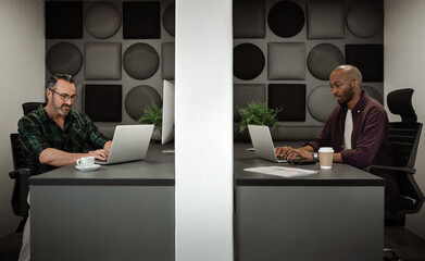 Wall Mural - Two businessmen practicing office physical distancing by working in cubicles