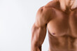 Cropped close-up view of his he nice attractive powerful strong tanned guy perfect shape form figure muscles steroids effect health care isolated over light white pastel color background