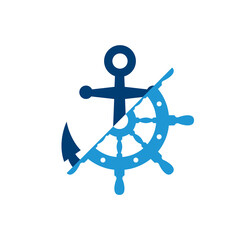 Poster - Logotipo estilo nautical. Icono plano timón y ancla divididos por la mitad en color azul marino y azul