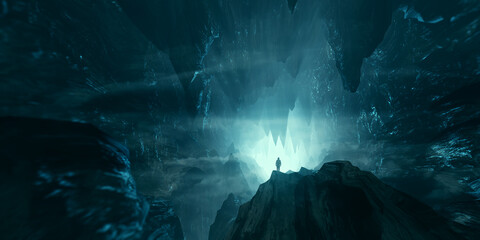 man exploring dark fantasy cave 3d illustration