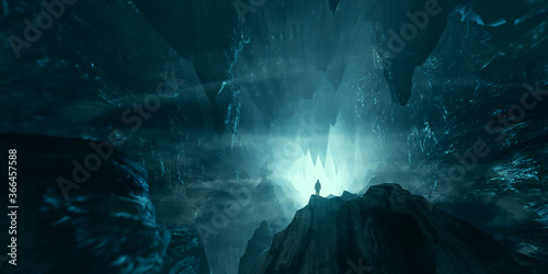 Fotografía man exploring dark fantasy cave 3d illustration