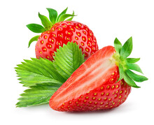 Strawberry Isolated. Strawberries With Leaf Isolate. Whole, Half, Cut Strawberry On White. Strawberries Isolate. Side View Organic Strawberries. Full Depth Of Field. With Clipping Path.
