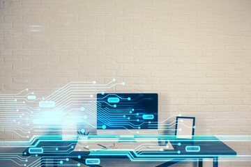 Fototapete - Double exposure of desktop computer and technology theme hologram. Concept of software development.