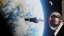 International Scientific Space Station Orbiting Around Planet Earth. Floating Spaceship In The Univers, Shuttle Into Atmosphere. Images From NASA. 3D Render Animation