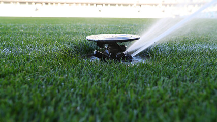 Automatic watering system at a sports stadium. Watering natural lawn grass