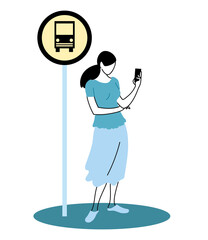 Poster - Young woman staying at the bus stop with the cell phone