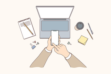 Poster - technology, mobile, media, business concept. businessman woman hands using smartphone in office for 