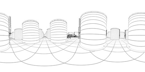 Canvas Print - spherical panorama of the oil refinery, chemical production, waste processing plant, contour visualization, 3D illustration, sketch, outline